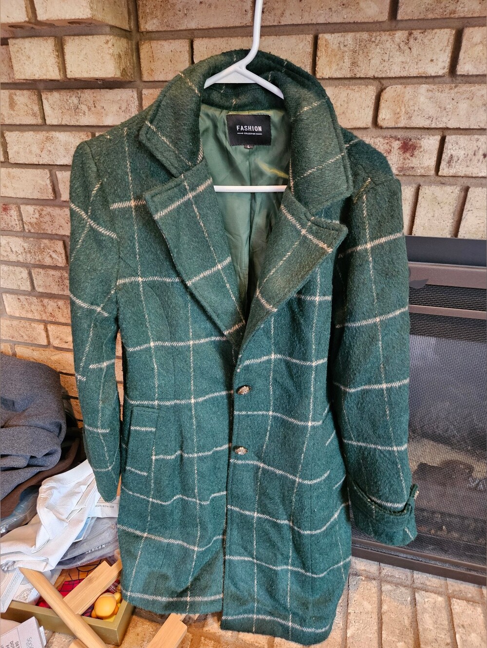 Women's Green Windowpane Pea Coat by FASHION